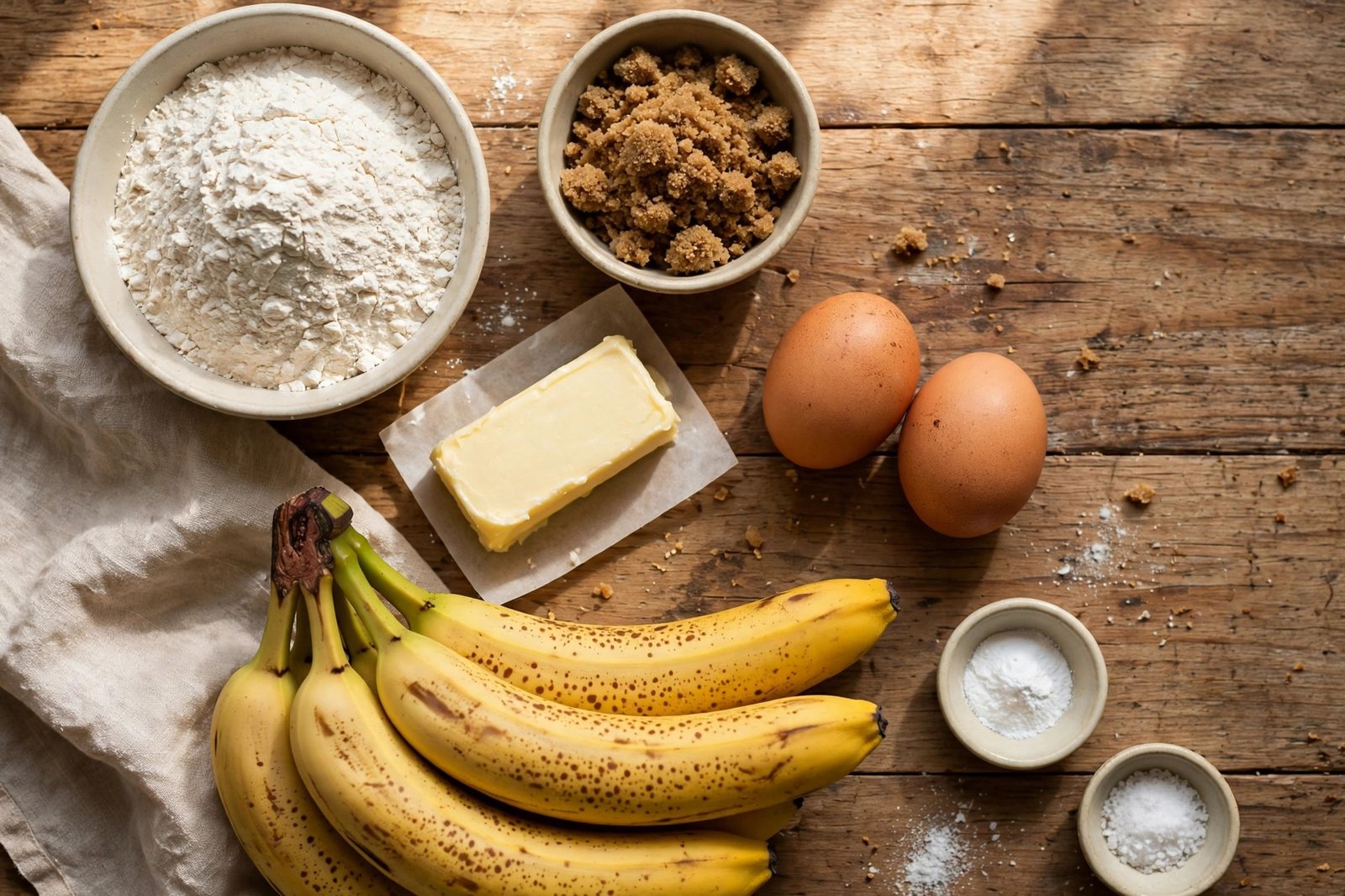 Banana bread ingredients — flour, brown sugar, butter, eggs and ripe bananas