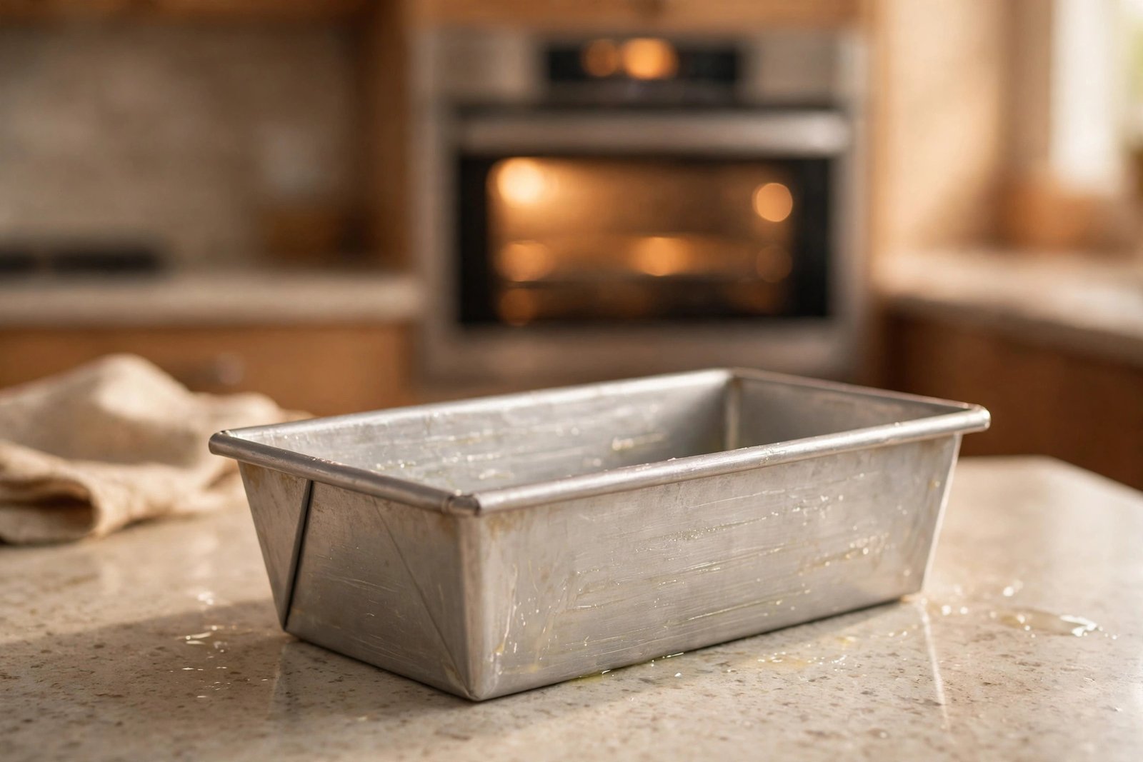 Greased 9x5-inch loaf pan ready for banana bread batter