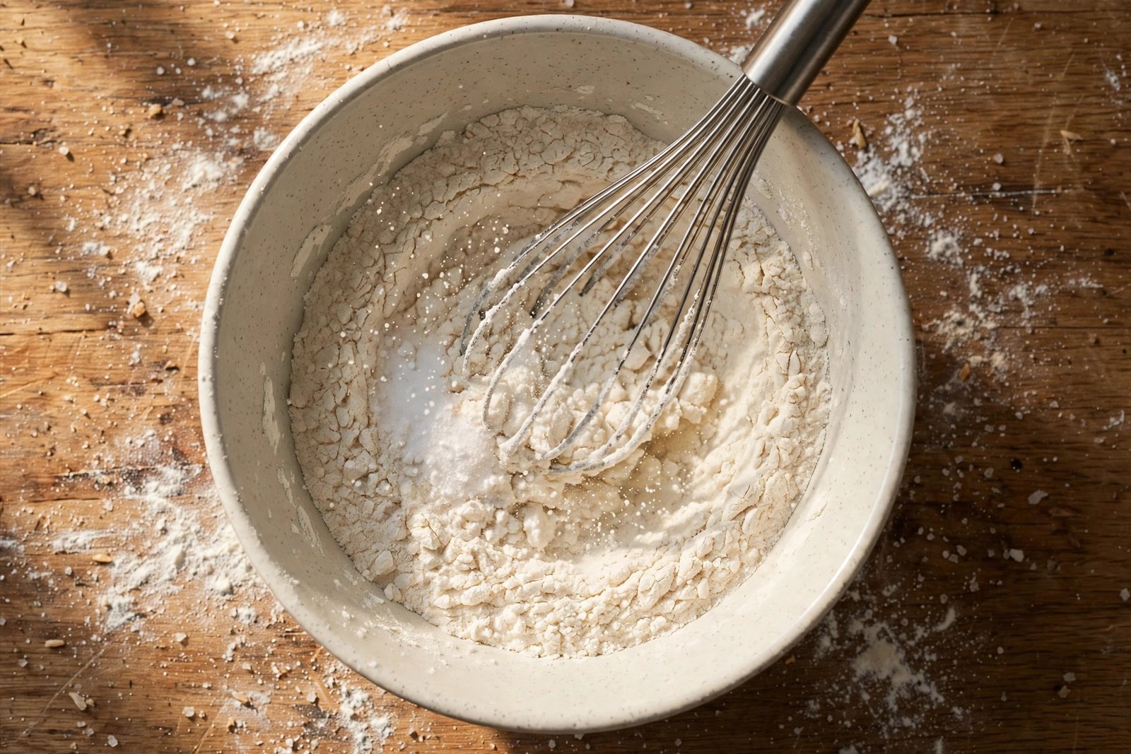 Mixing flour, baking soda and salt for banana bread