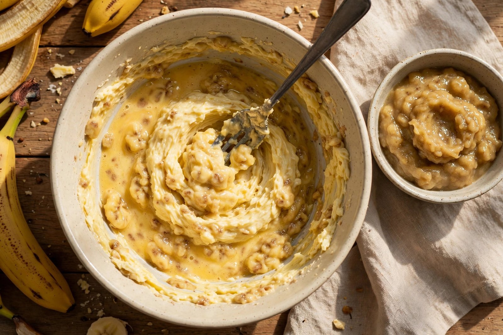 Adding beaten eggs and mashed bananas to the butter mixture