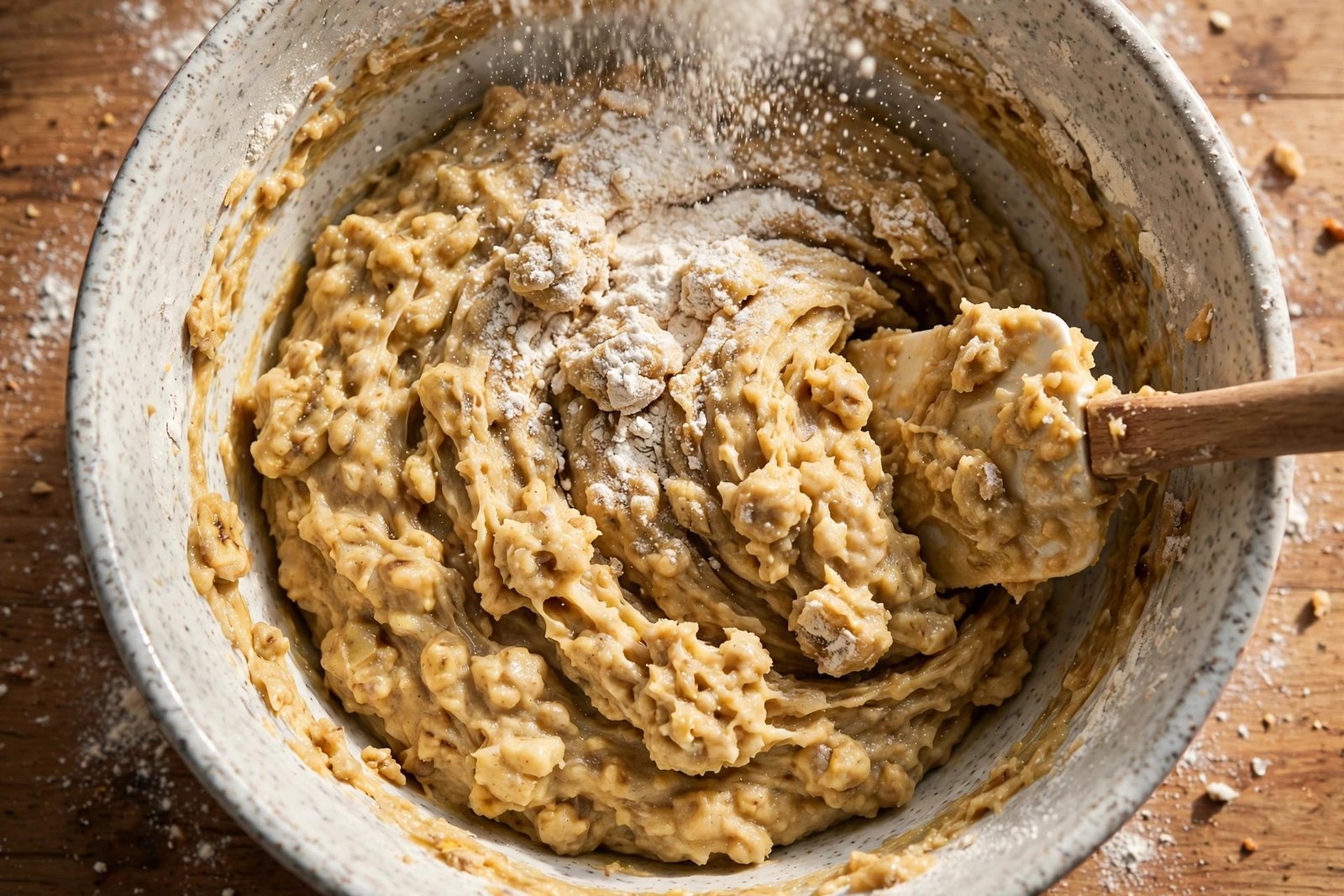 Gently combining the dry ingredients into the banana mixture