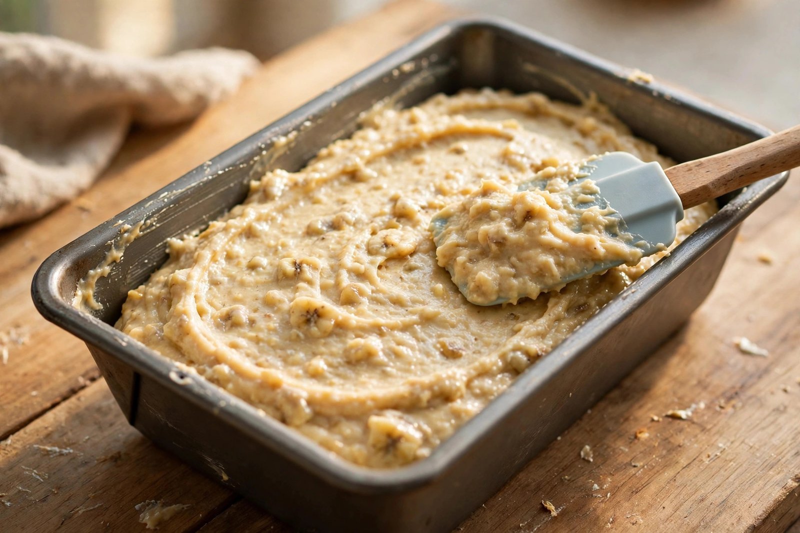Banana bread batter spread evenly in the loaf pan