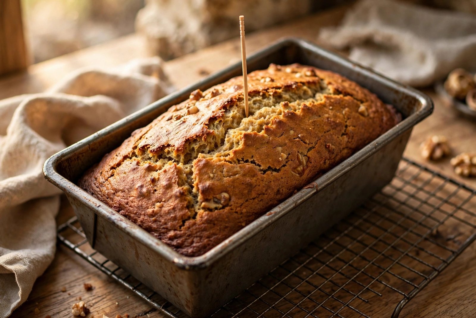Freshly baked golden banana bread tested with a toothpick