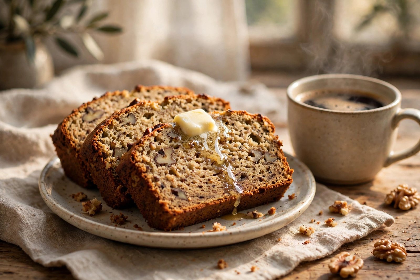 Slices of moist banana bread with butter and a cup of coffee